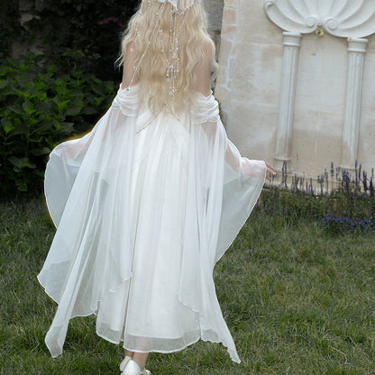 White Fairycore Maxi Dress for Women, Elegant Chiffon Princess Gown SE23989