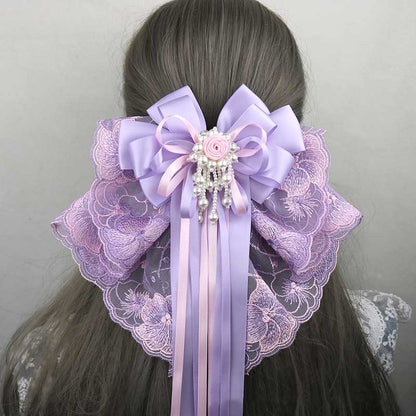 Purple Lace Flower Pearl Bow Hair Pin SE23064