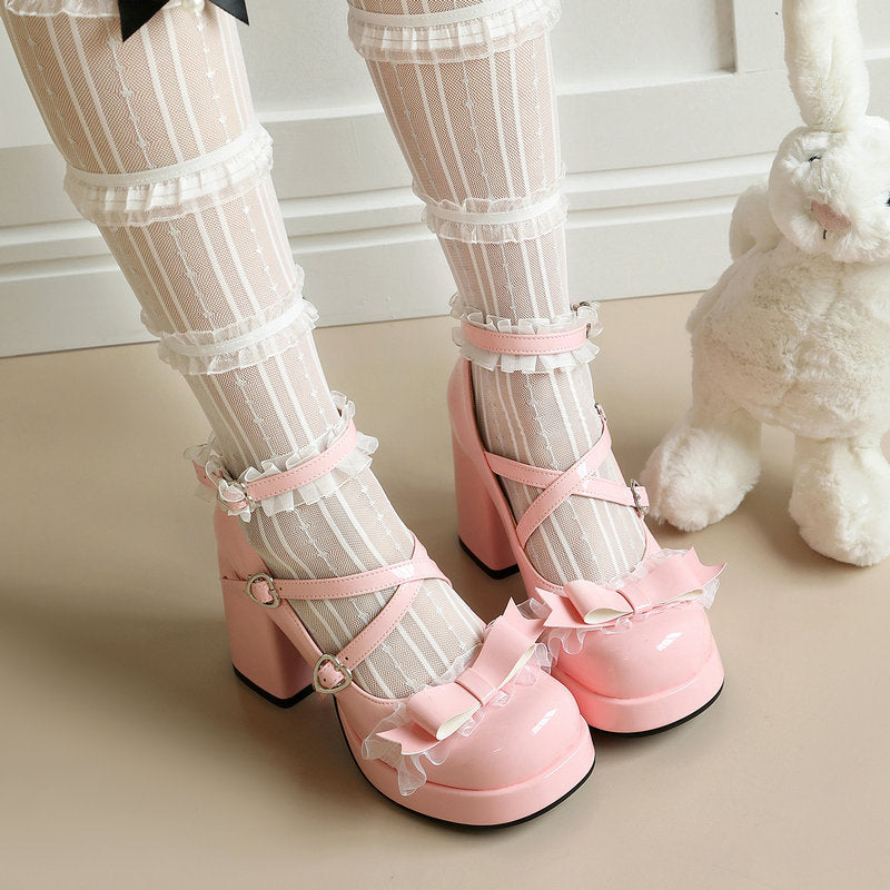 Mary Jane Platform Chunky Heel Pumps with Bow  SE23958