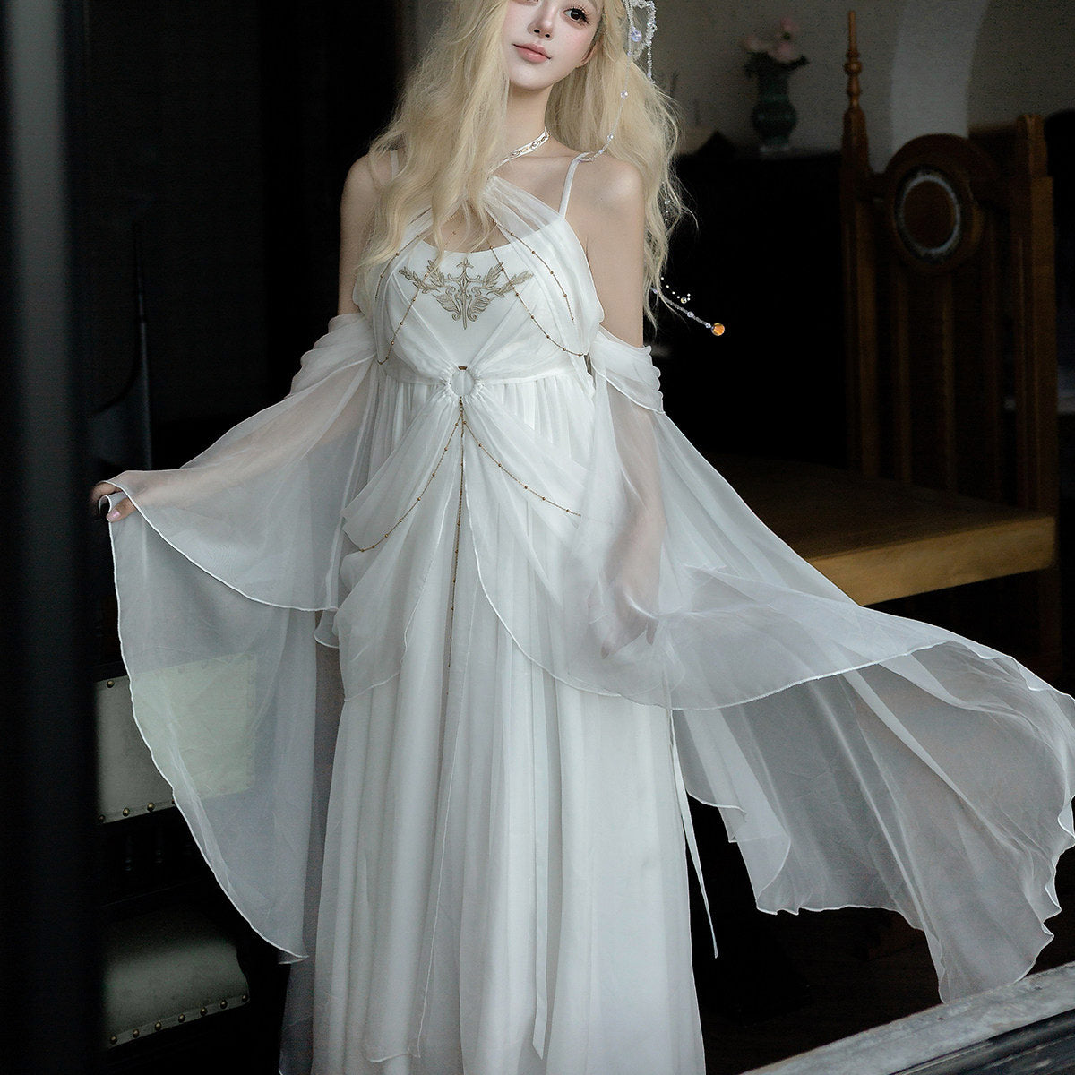 White Fairycore Maxi Dress for Women, Elegant Chiffon Princess Gown SE23989