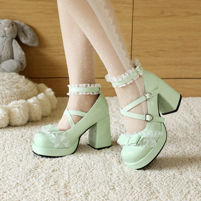 Mary Jane Platform Chunky Heel Pumps with Bow  SE23958