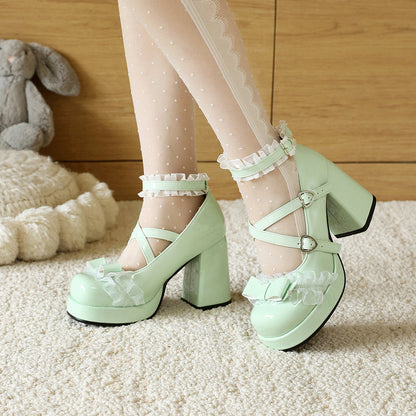 Mary Jane Platform Chunky Heel Pumps with Bow  SE23958