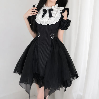 Gothic Lolita Ruffle Cold Shoulder Bow Dress SE23979