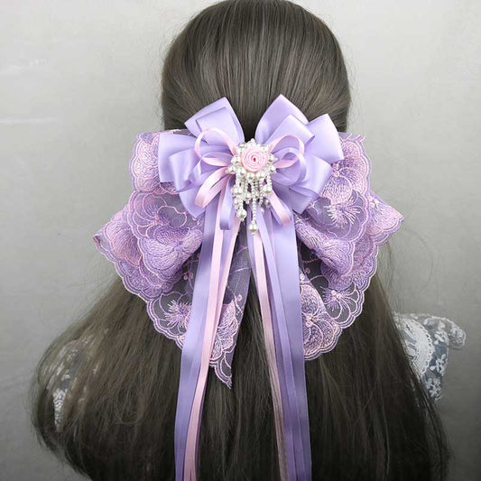 Purple Lace Flower Pearl Bow Hair Pin SE23064