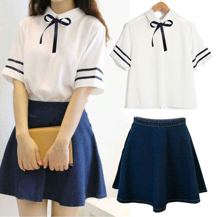 Japanese,students,shirt,skirt,two-piece outfit,tie shirt,stripe,navy,
