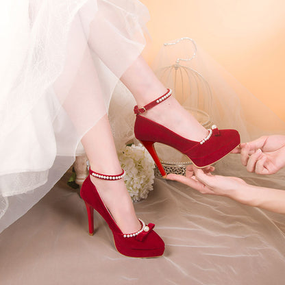 Beaded Red Bow Heels Shoes SE22652