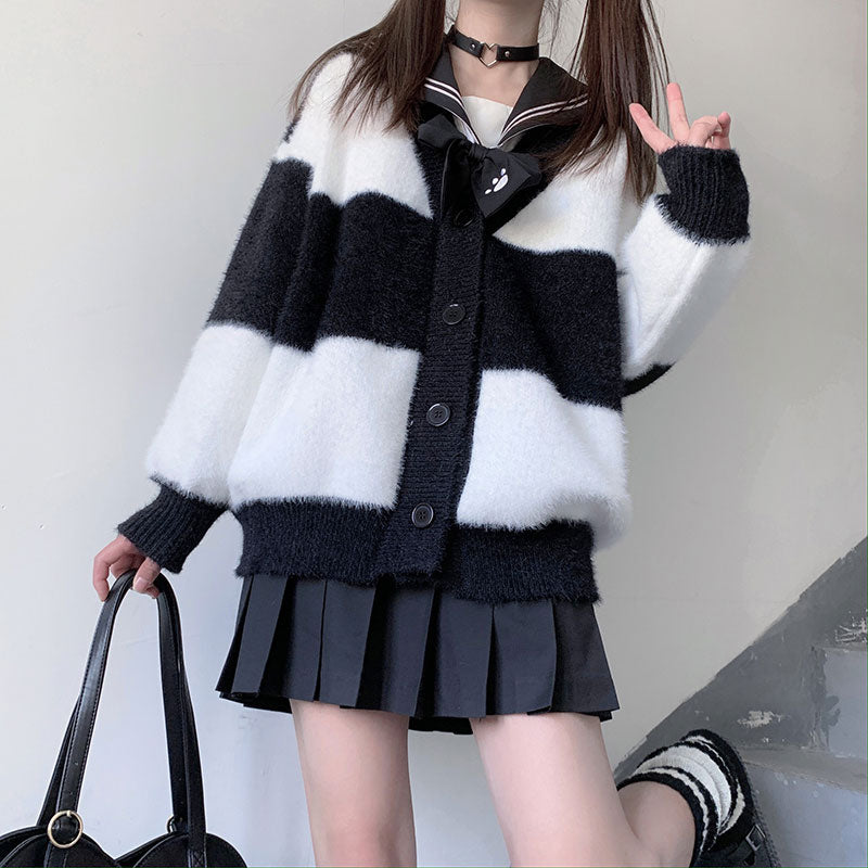 Black White Striped Cardigan Sweater Coat SE22616