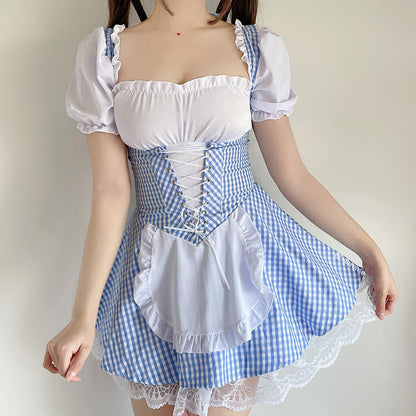Blue Plaid Lace Maid Dress SE21681