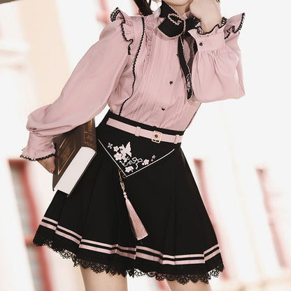 Bow Cherry Blossom Hanfu Shirt Lace Skirt Set SE22673