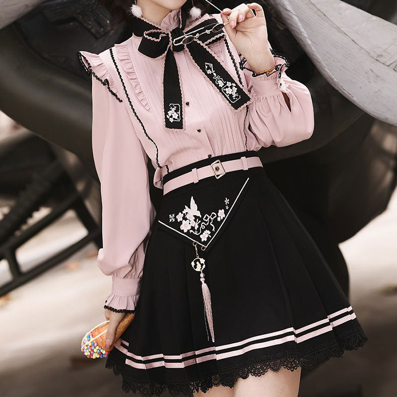 Bow Cherry Blossom Hanfu Shirt Lace Skirt Set SE22673