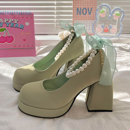Bow Green Chunky Heels Shoes SE22633