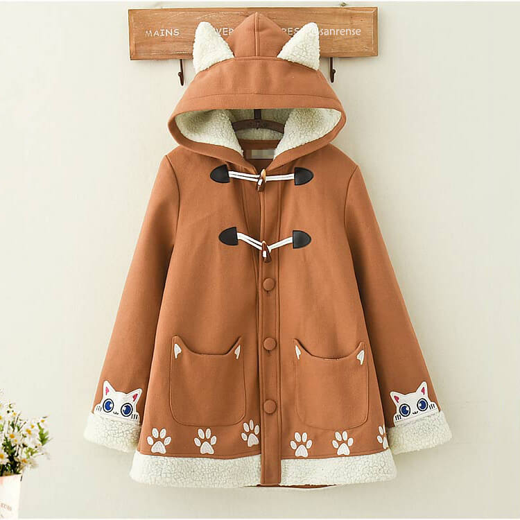 Brown Cat Hoodie Woolen Coat SE21233