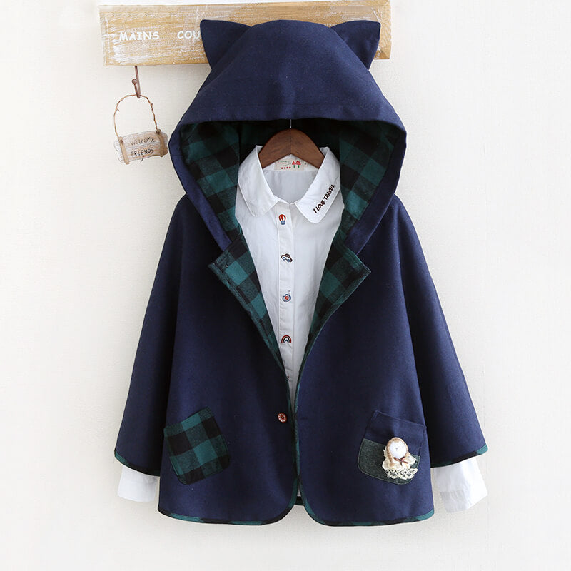 Cute Grid Cat Ear Hoodie Cape Coat SE9099