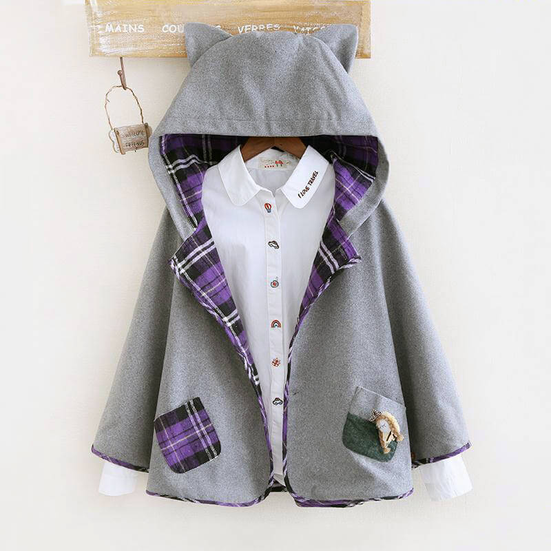 Cute Grid Cat Ear Hoodie Cape Coat SE9099
