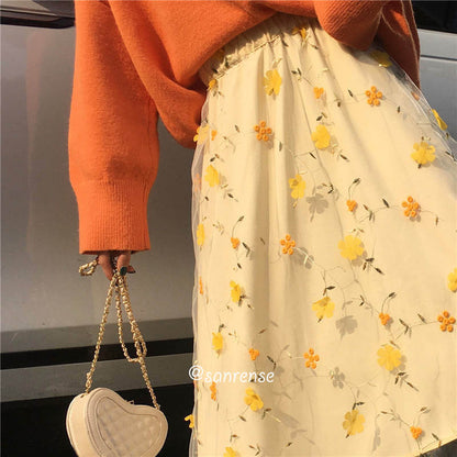 Flower Lace Mesh Long Skirt SE21004