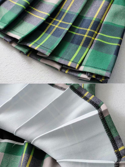 Green Grid Pleated Skirt SE20890