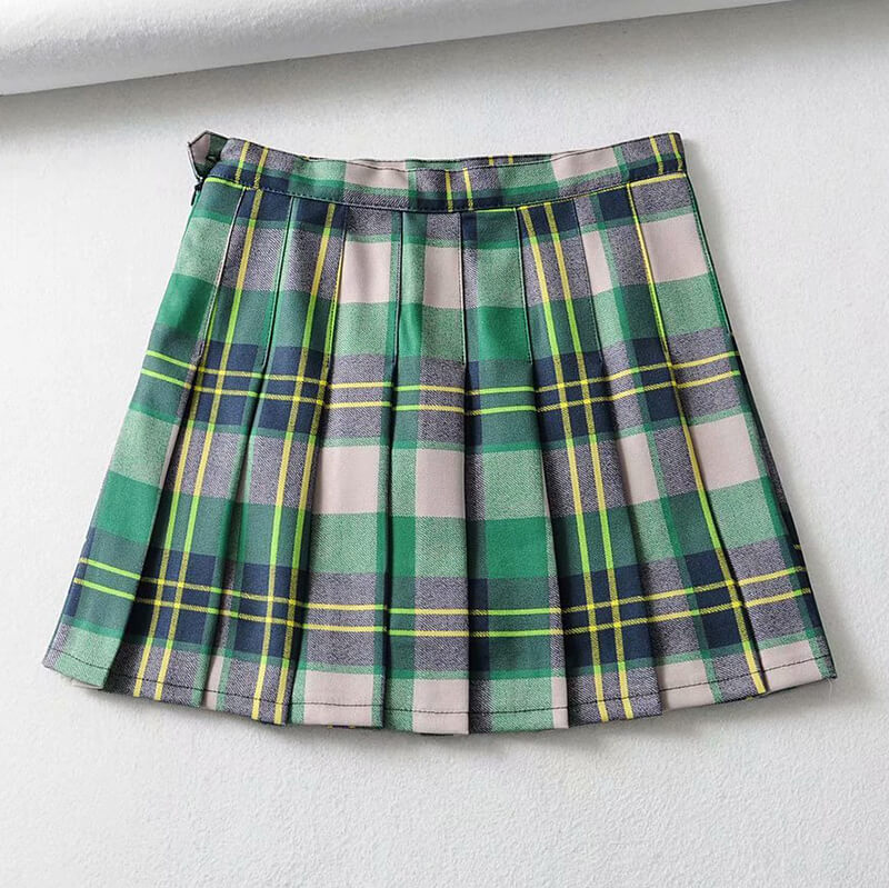 Green Grid Pleated Skirt SE20890