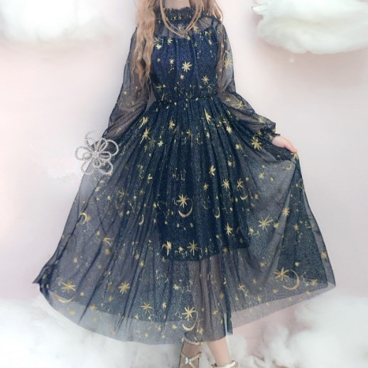 Harajuku Fashion,Stars,Embroidery,Galaxy,Gauze,Dress,
