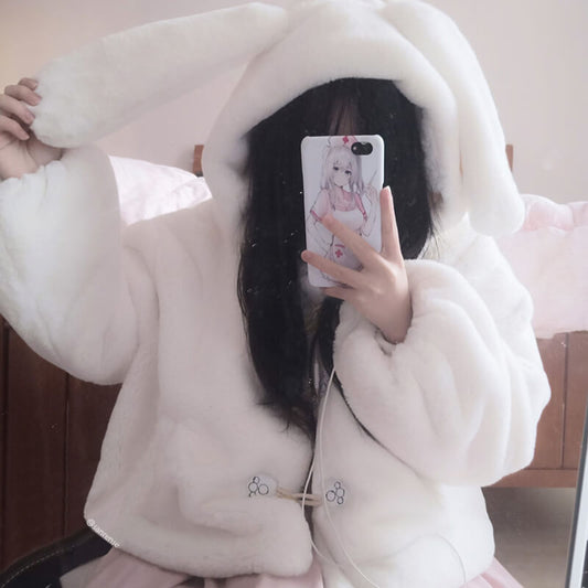 Horn Button Rabbit Ear Cat Claw Hoodie Plush Coat SE21378