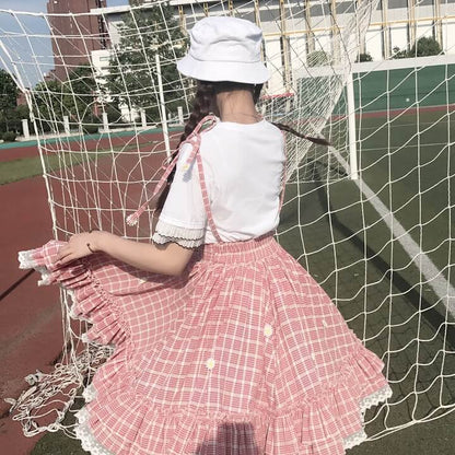 Japanese Grid Blouse Braces Skirt Set SE20969