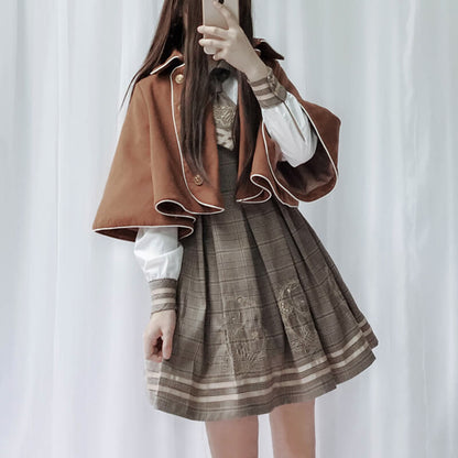 Embroidered Plaid Dress Woolen Cloak Set SE20611