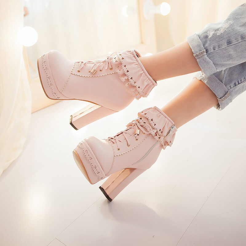 Cute sweet falbala high heeled boots SE – SANRENSE