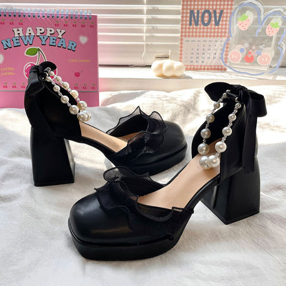 Lace Beaded Bow Chunky Heels Shoes SE22645