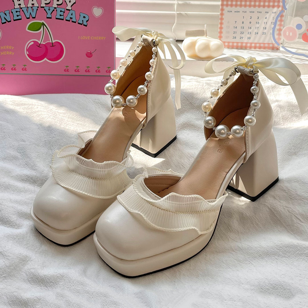 Lace Beaded Bow Chunky Heels Shoes SE22645