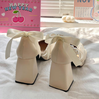Lace Beaded Bow Chunky Heels Shoes SE22645