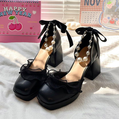 Lace Beaded Bow Chunky Heels Shoes SE22645