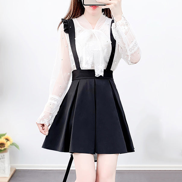 Lace Bow Blouse Suspender Skirt Set SE22155