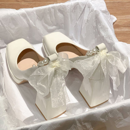 Lace Bow Chunky High Heels Shoes SE22521