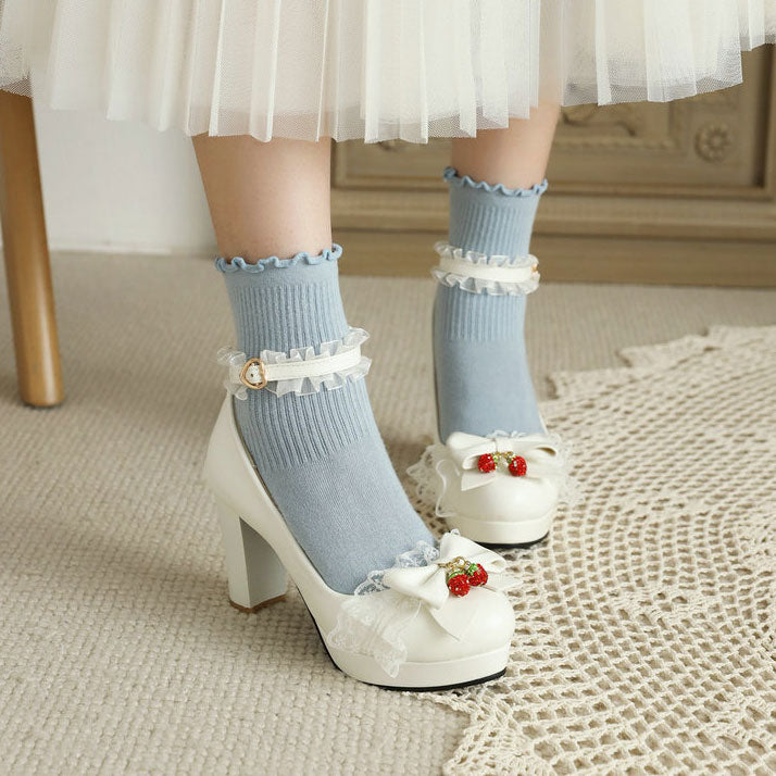 Lace Bow Strawberry Heels Shoes SE22337