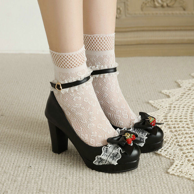 Lace Bow Strawberry Heels Shoes SE22337