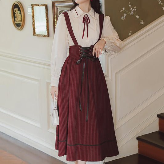 Lace Shirt Striped Suspender Skirt Set SE21174