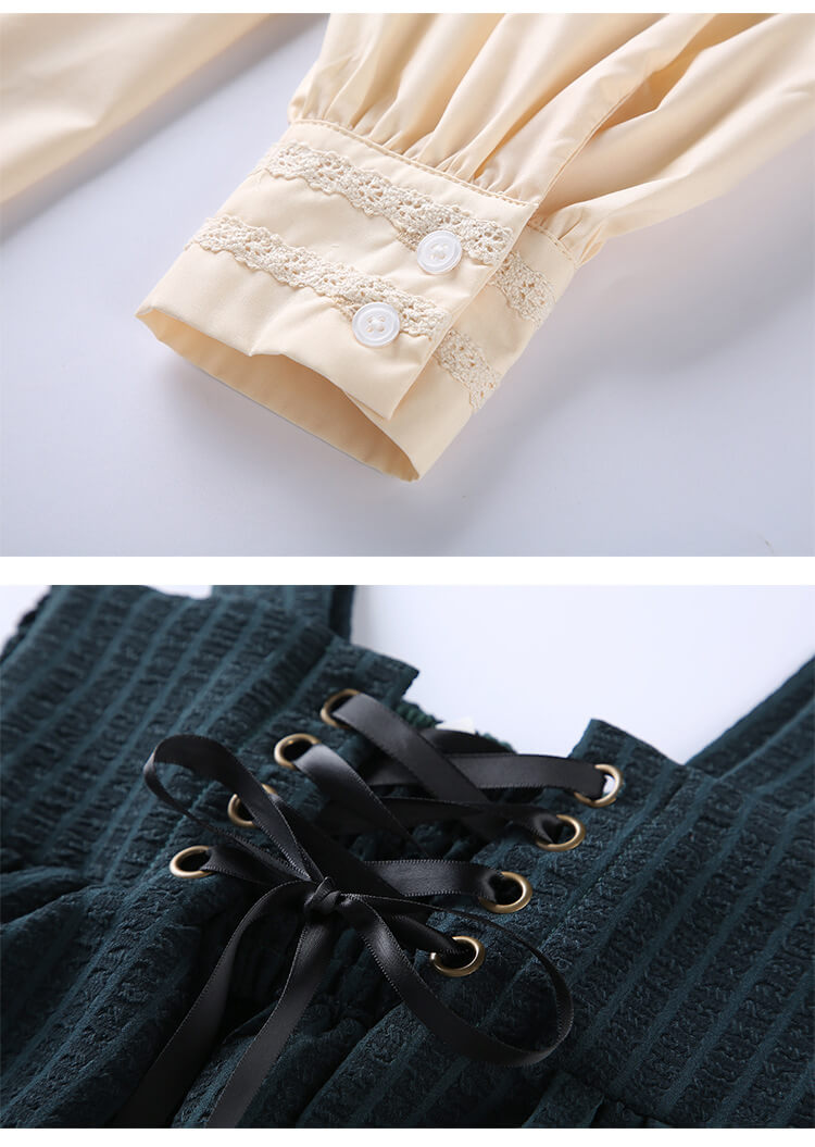 Lace Shirt Striped Suspender Skirt Set SE21174