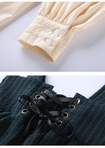 Lace Shirt Striped Suspender Skirt Set SE21174