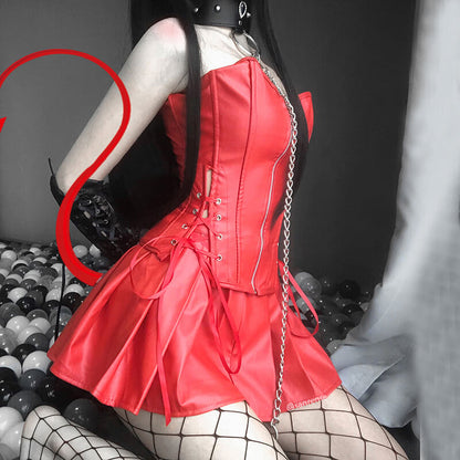 Leather Vest Sexy Skirt Set SE21385