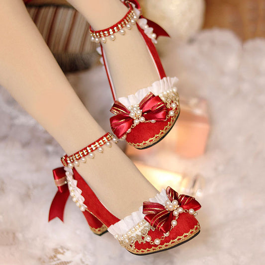 Lolita Lace Bow Red Heels Shoes SE22485