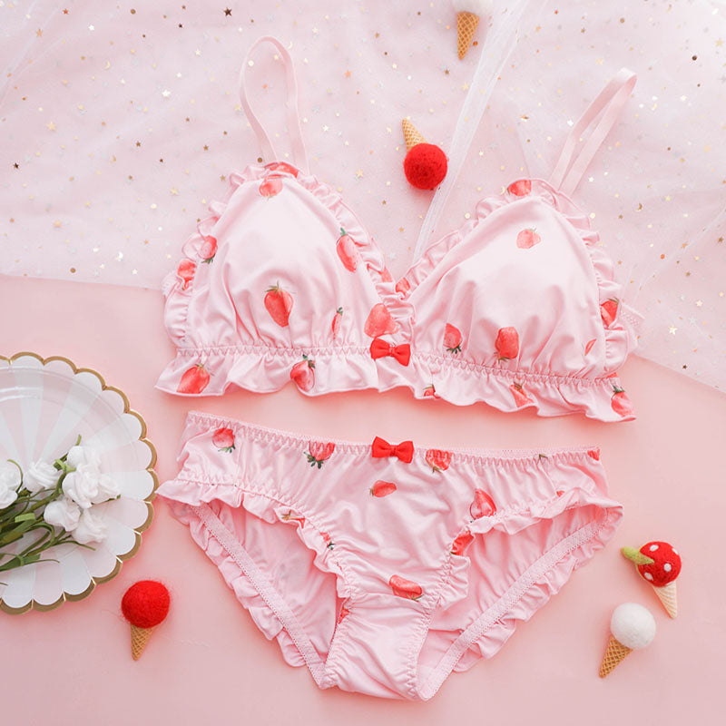 Strawberry underwear cute pink flower printing series milk silk comfortable  no steel ring triangle cup bra