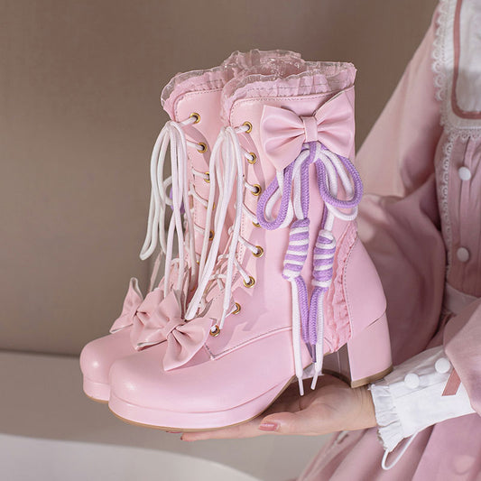 Pastel Bow Lace up Boots SE22476