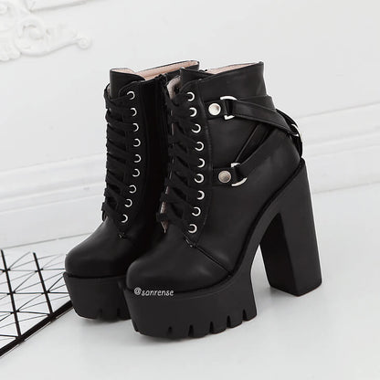 Punk Lace-up Soft Leather Platform Heel Shoes SE21087