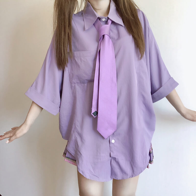 Purple Shirt Plaid Pleated Skirt Set SE20342