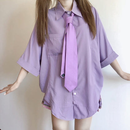 Purple Shirt Plaid Pleated Skirt Set SE20342