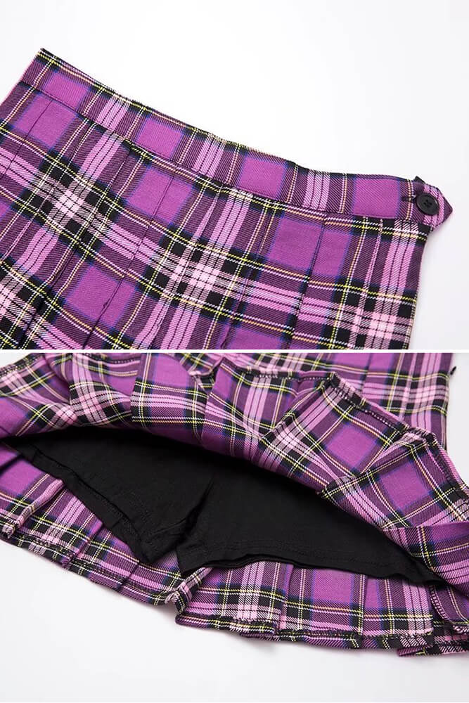 Purple Shirt Plaid Pleated Skirt Set SE20342