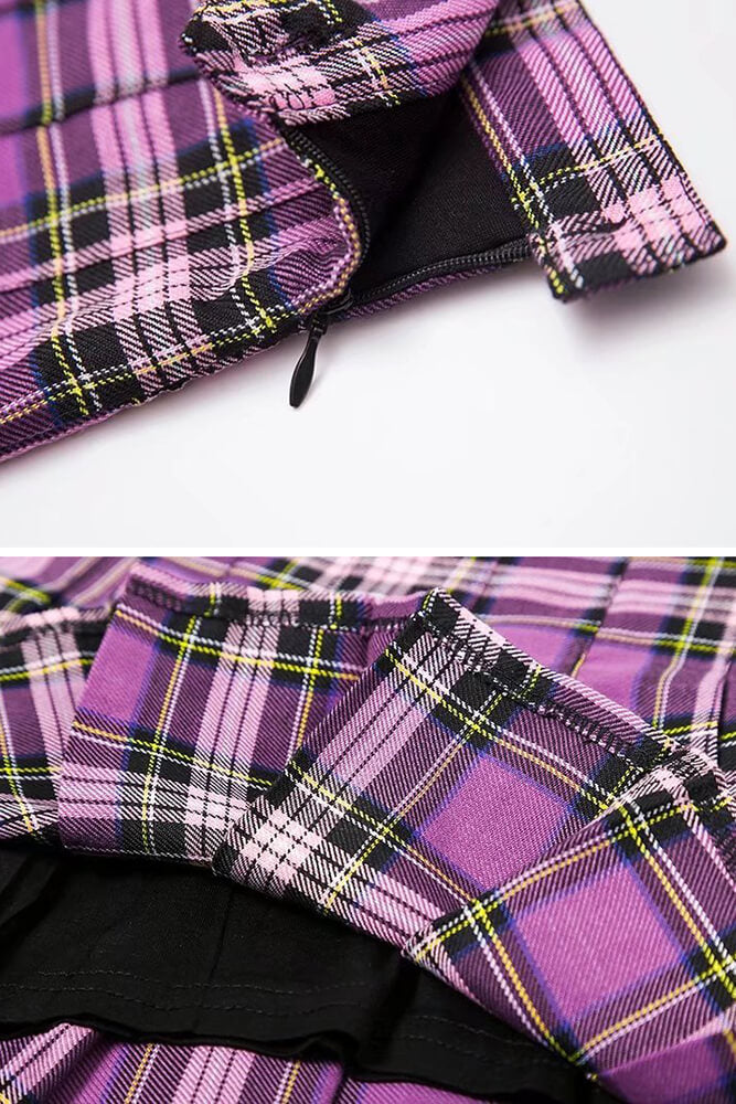 Purple Shirt Plaid Pleated Skirt Set SE20342