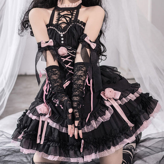 Rose Flower Bow Black Dress SE22543
