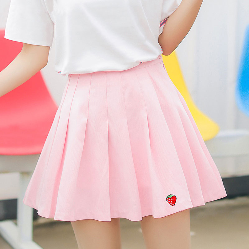 Student strawberry embroidered tall waist pleated skirt SE10193 – SANRENSE