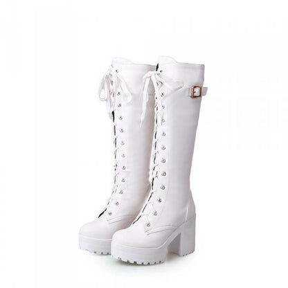 Square Lacing Knee High Heel Boots SE20539