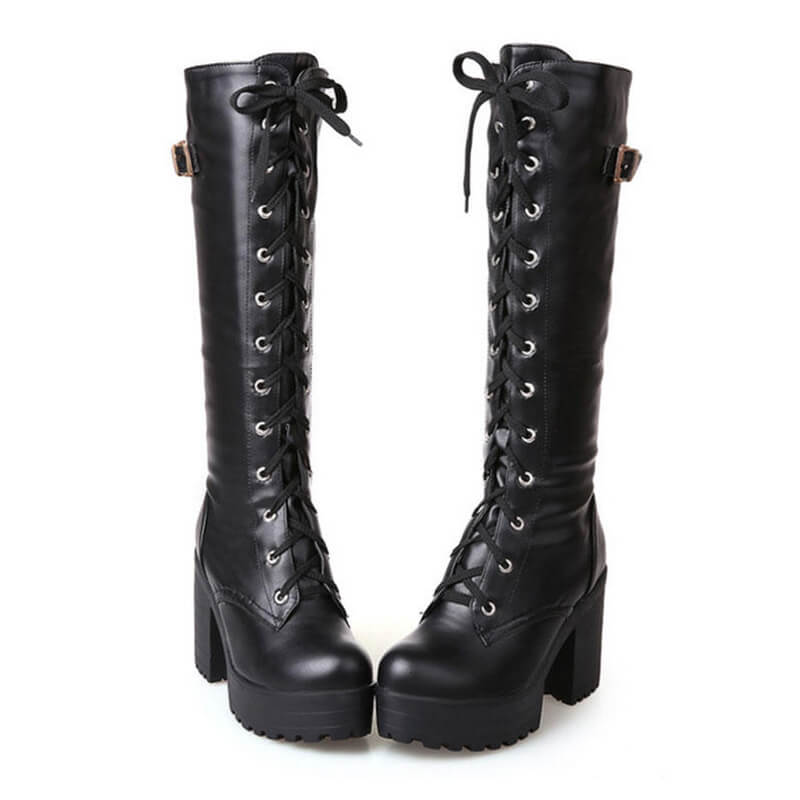 Square Lacing Knee High Heel Boots SE20539